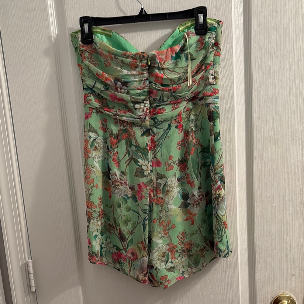 JAYGODFREY Lydia Romper Strapless Pleated Chiffon Green and Pink Floral Pantsuit - Picture 11 of 13